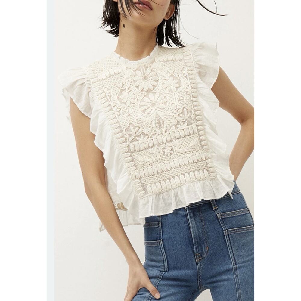 JOIE Ruffle Crochet Top Ivory Eyelet Sleeveless Western Victorian Romantic Sz S